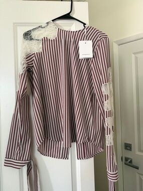 Striped Red and White Lace Accent Women's Blouse